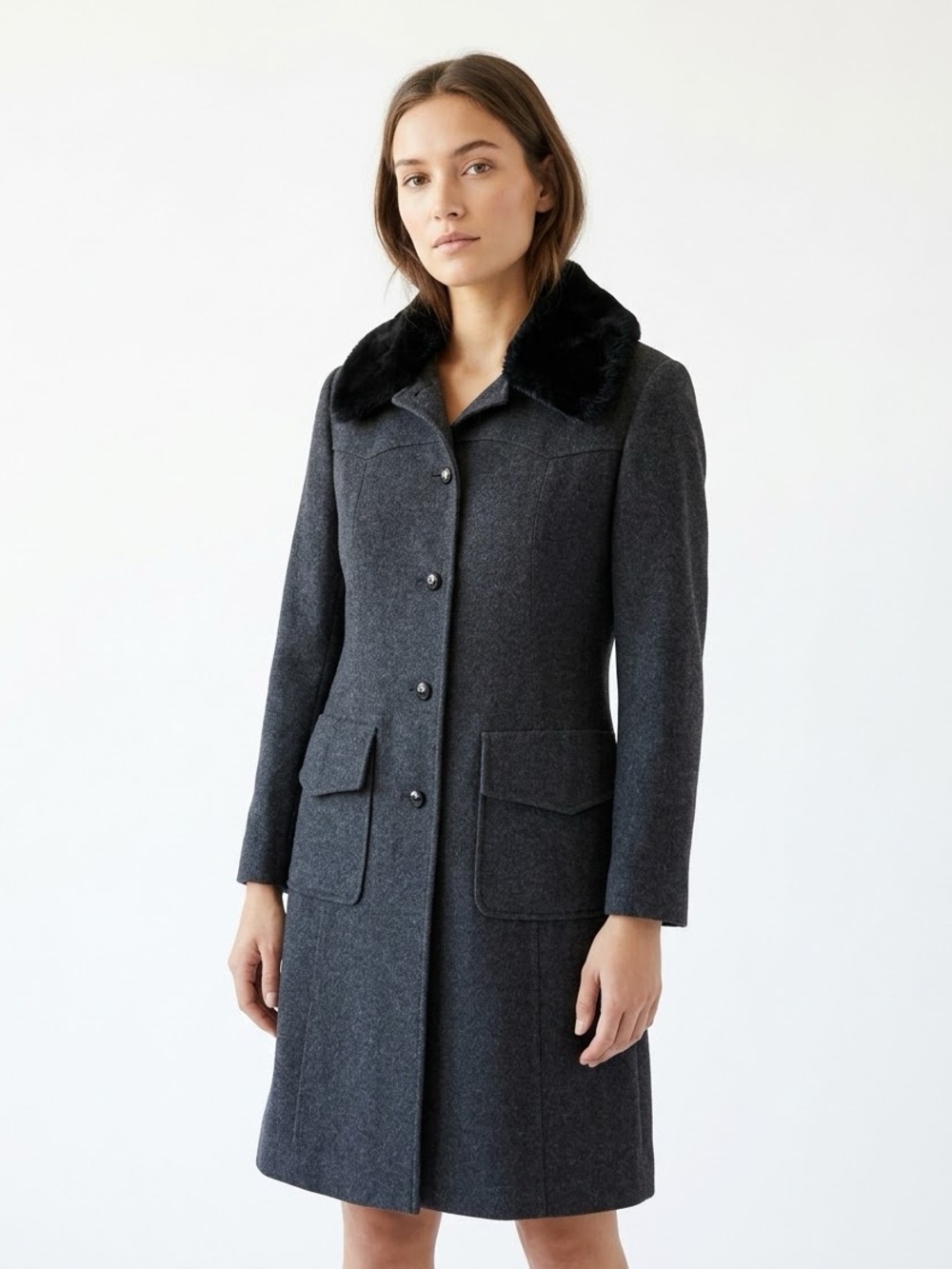 Barneys New York CO-OP Italian Wool Cashmere Coat Faux Fur Collar IT42 (US 6/8?)